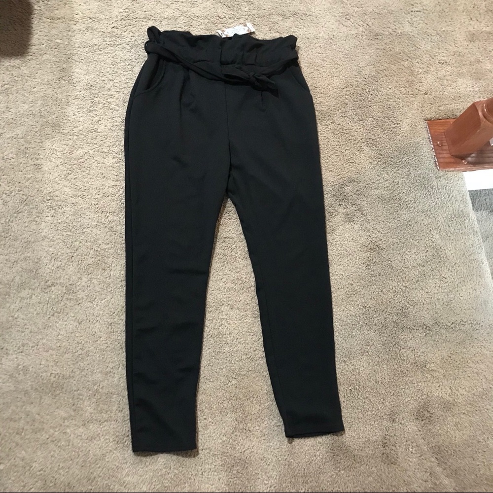 Boohoo black paper bag tapered trouser pants belt